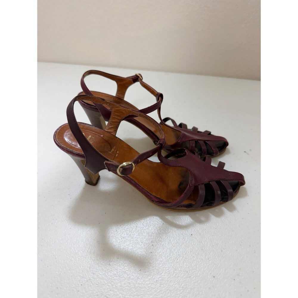 Nickels Vintage Burgundy Leather T-Strap Heeled Sandals Made in Italy Size 7B